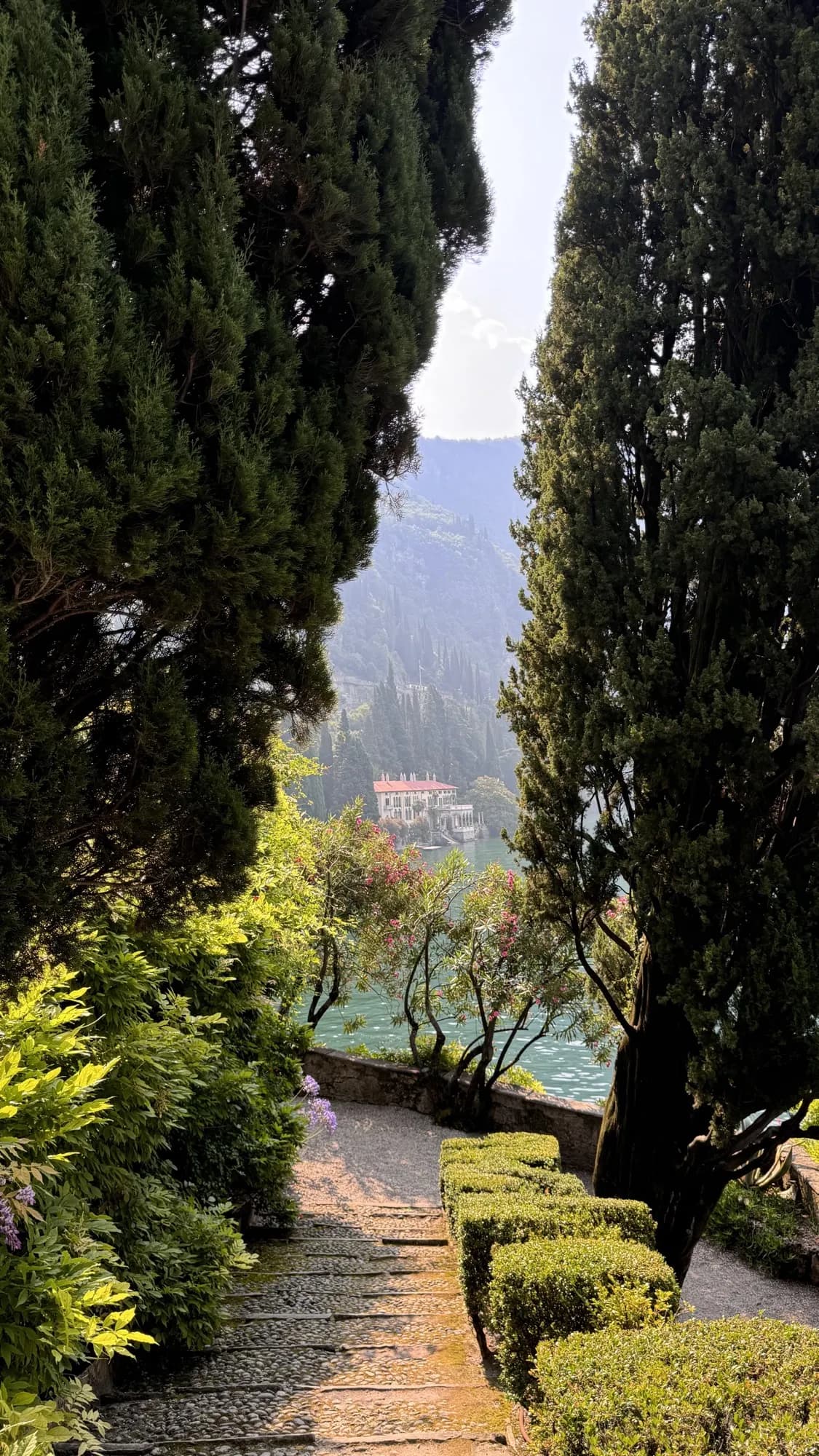 A cypress-lined garden path above an Italian lake